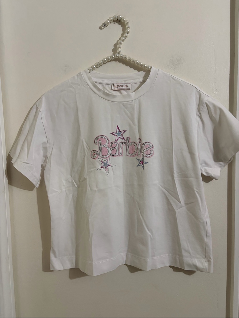 MonnaLisa White Tee with Pink Sparkle Barbie Logo